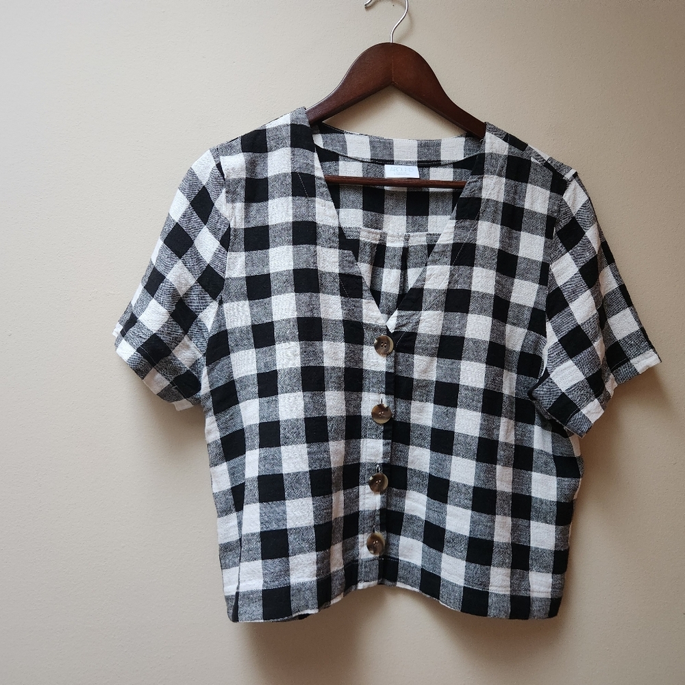 Gingham Linen Blend Cropped Oversized Blouse